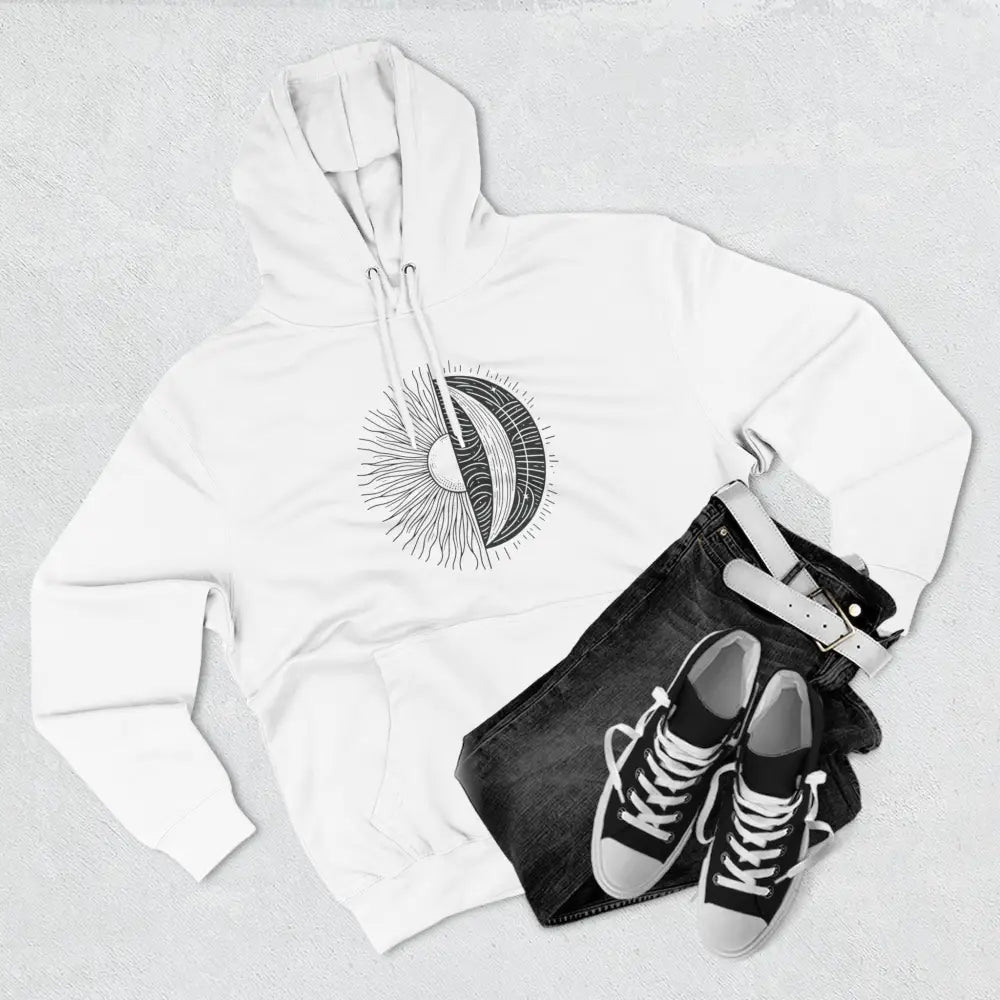 White celestial hoodie with sun and moon graphic, cozy fleece, spacious kangaroo pocket