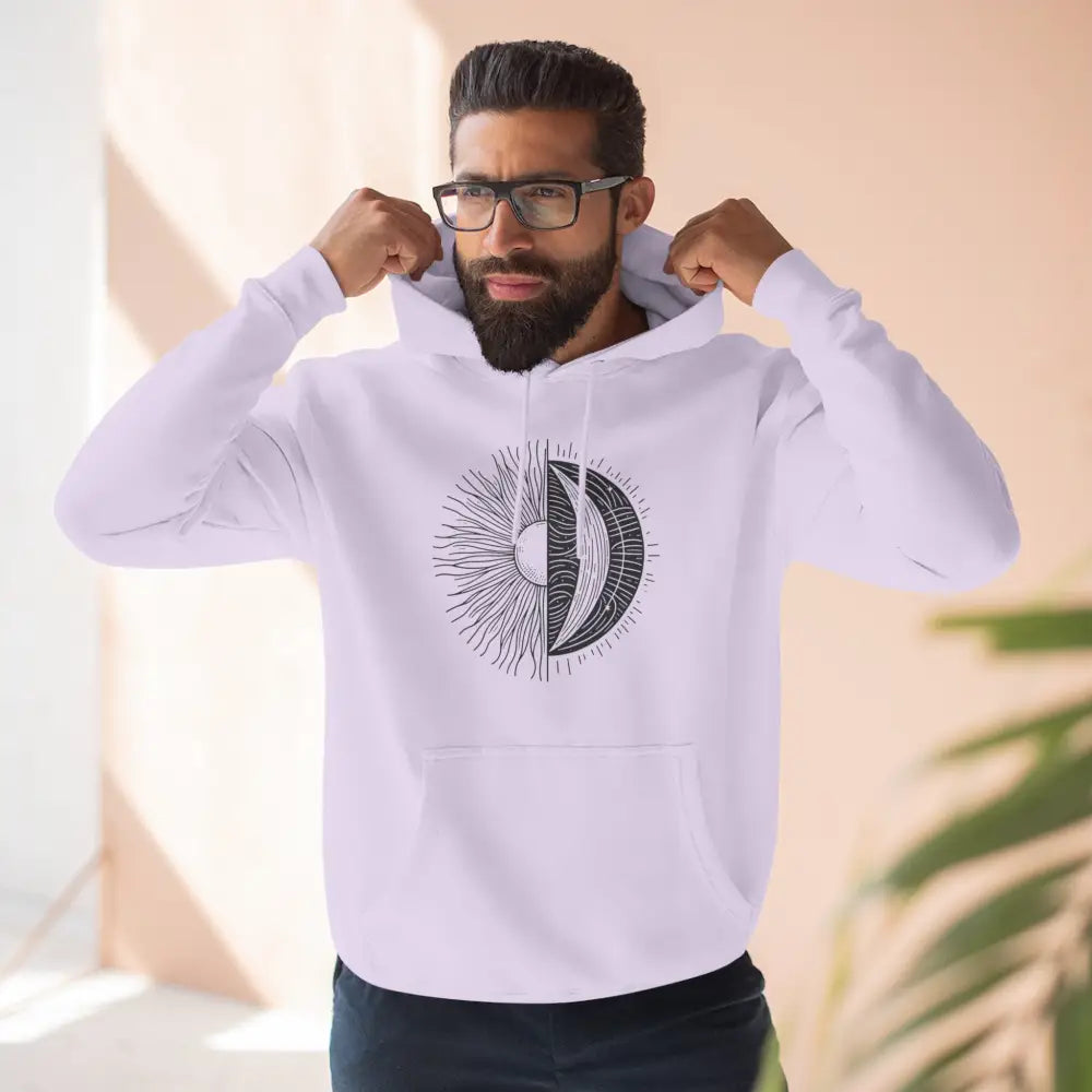 White hoodie with black sun and moon graphic, cozy fleece with spacious kangaroo pocket