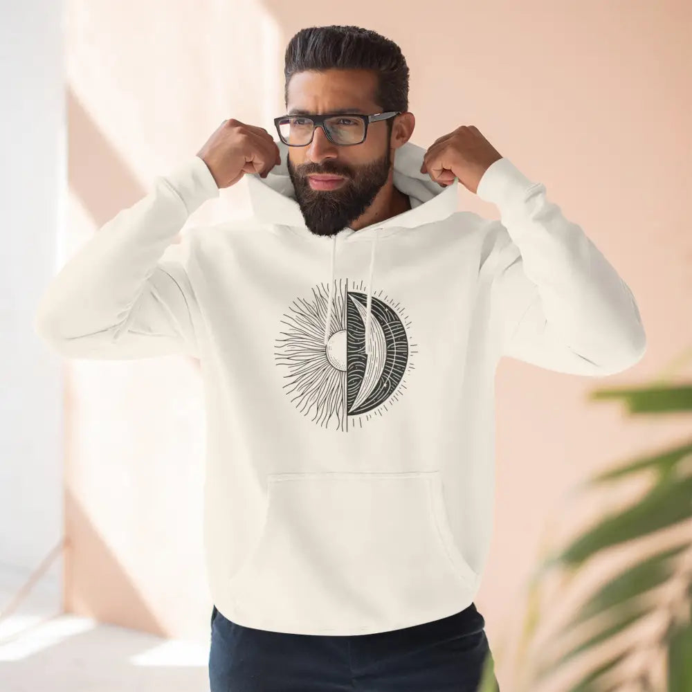 Men’s cream-colored celestial fleece hoodie with sun and moon graphic, spacious kangaroo pocket