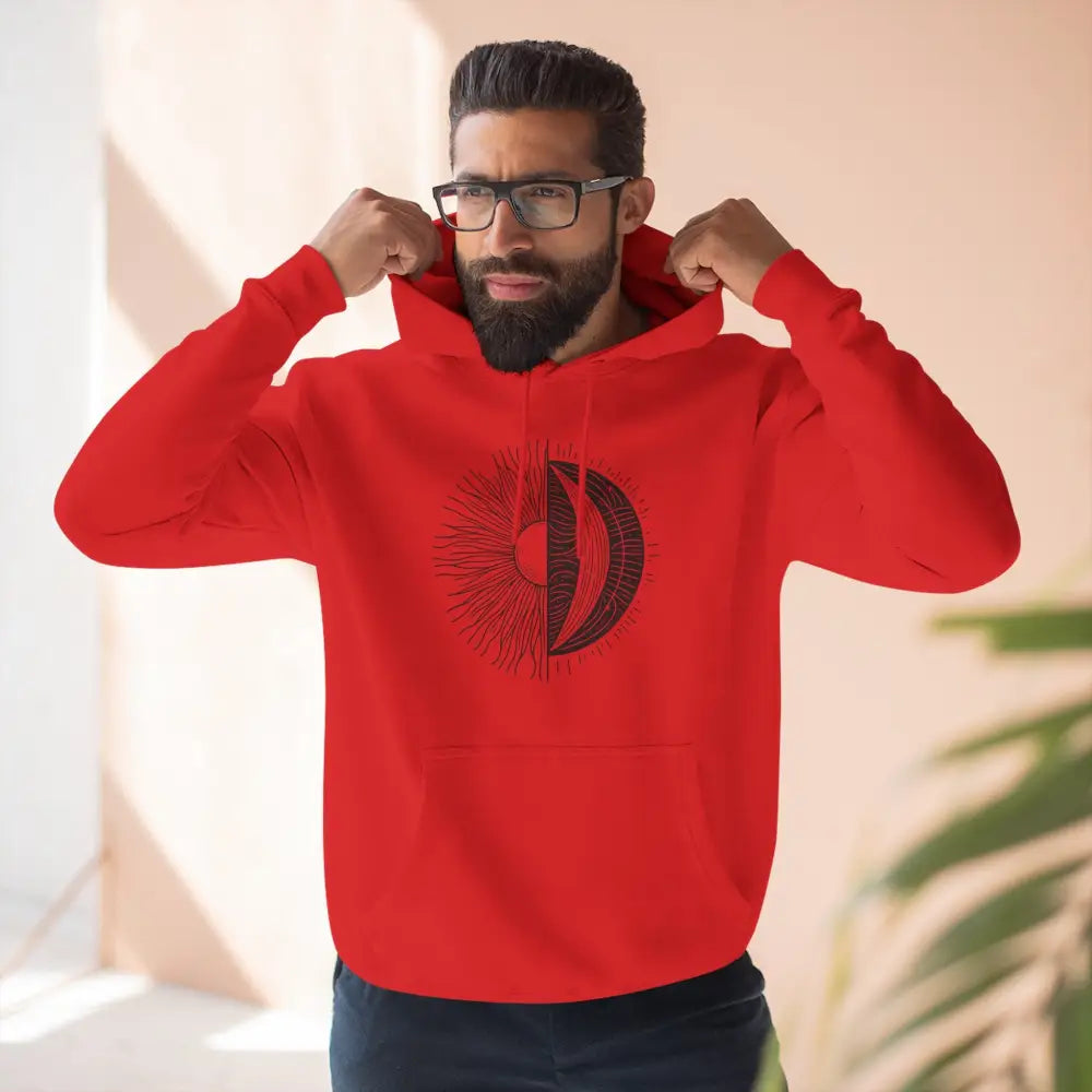 Red celestial hoodie with sun and moon graphic, cozy fleece with spacious kangaroo pocket