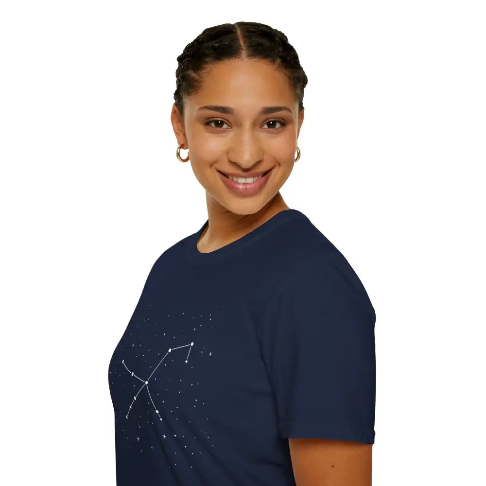 Smiling woman wearing Celestial Orion Constellation star lover tee with stunning constellation design