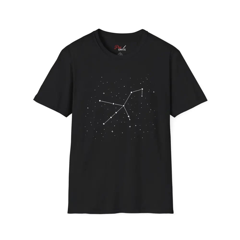 Black short-sleeved T-shirt with stunning constellation design of the Celestial Orion Constellation, perfect star lover tee