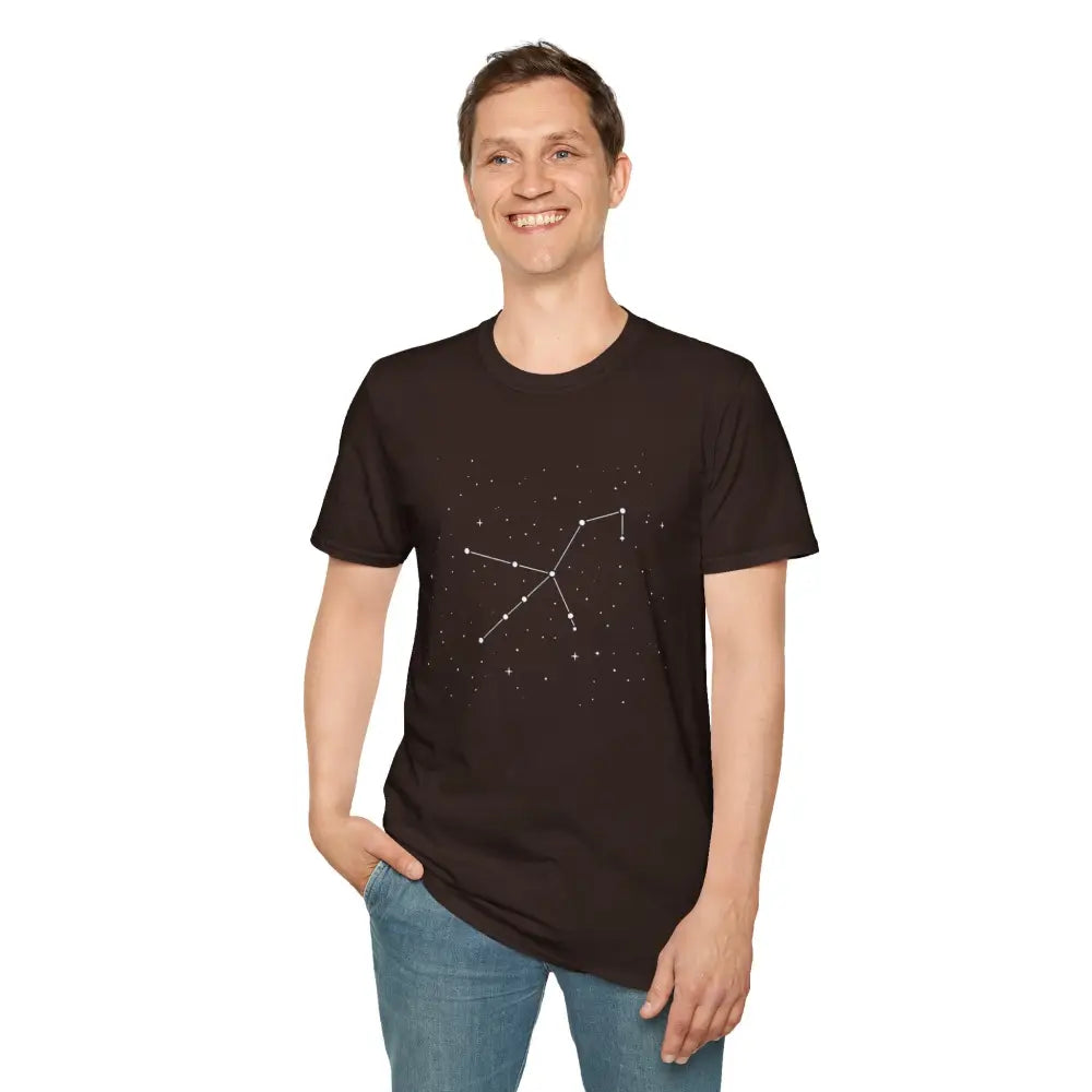 Black T-shirt featuring a stunning constellation design of the Celestial Orion Constellation star lover tee