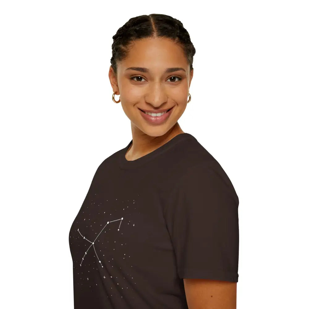 Smiling woman with braided hair wearing dark brown star lover tee featuring stunning constellation design