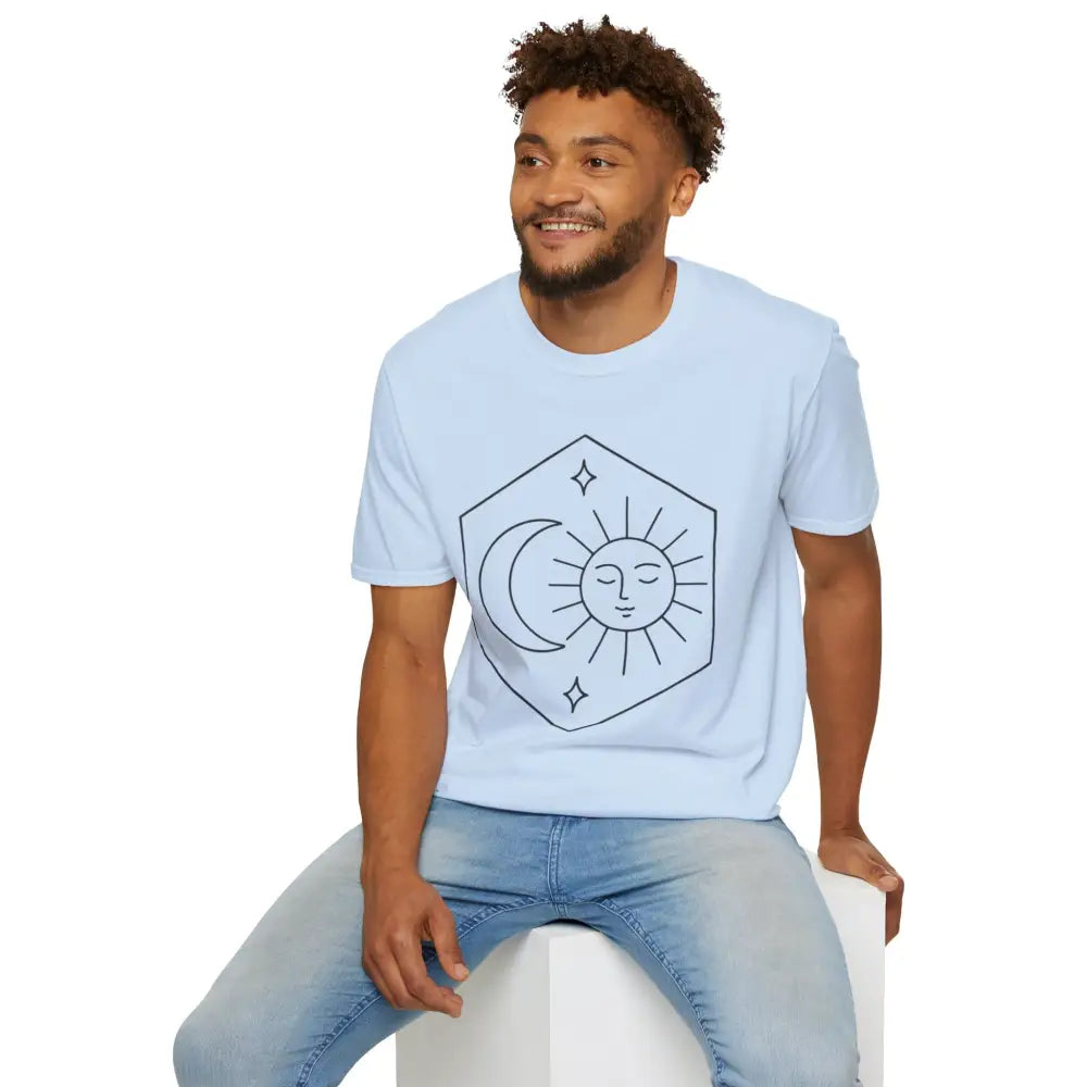 Light blue Celestial Sun and Moon unisex T-shirt with black outline design, easy care, low heat, tumble dry safe