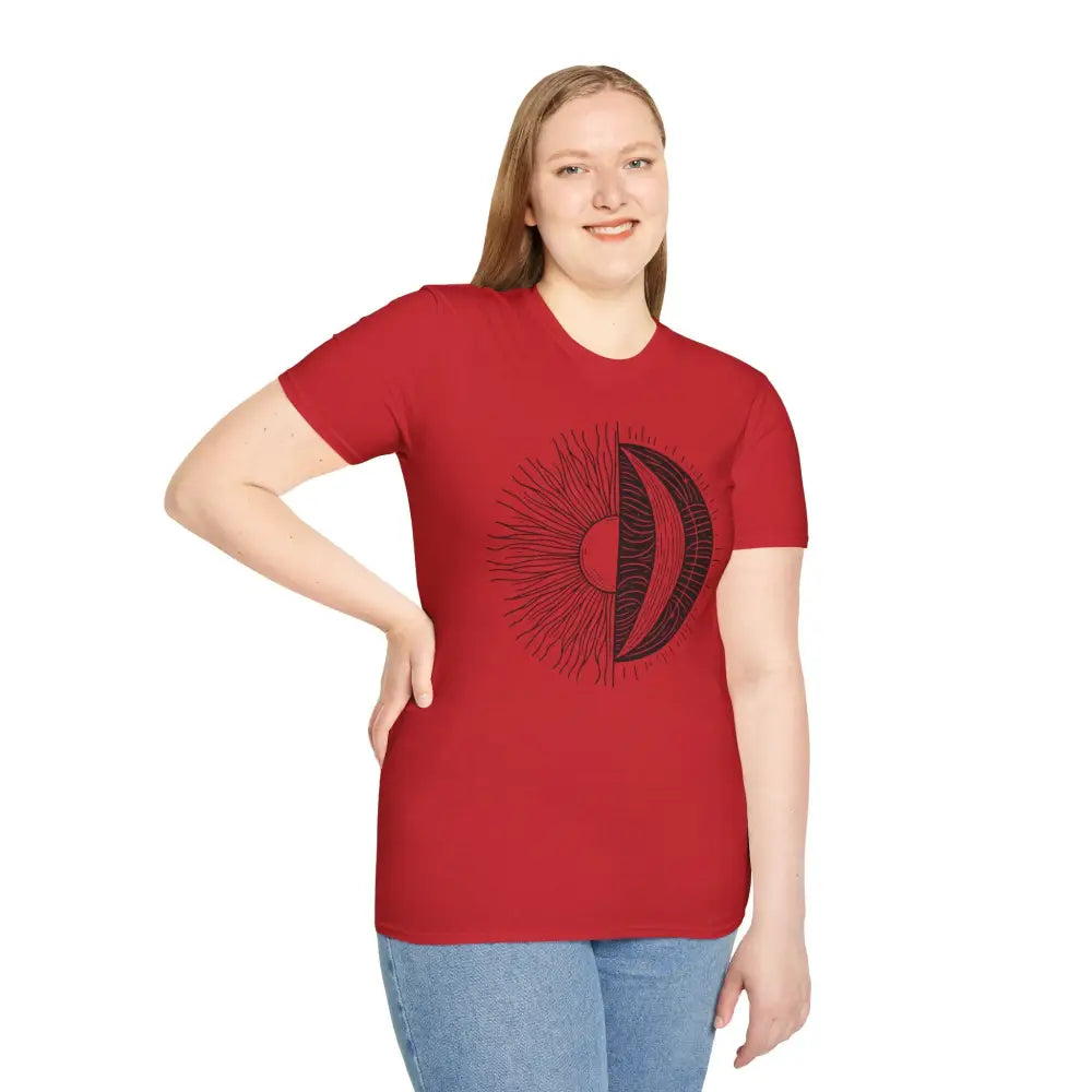 Red unisex softstyle t-shirt with black sun and moon design, seamless and ribbed collar retains