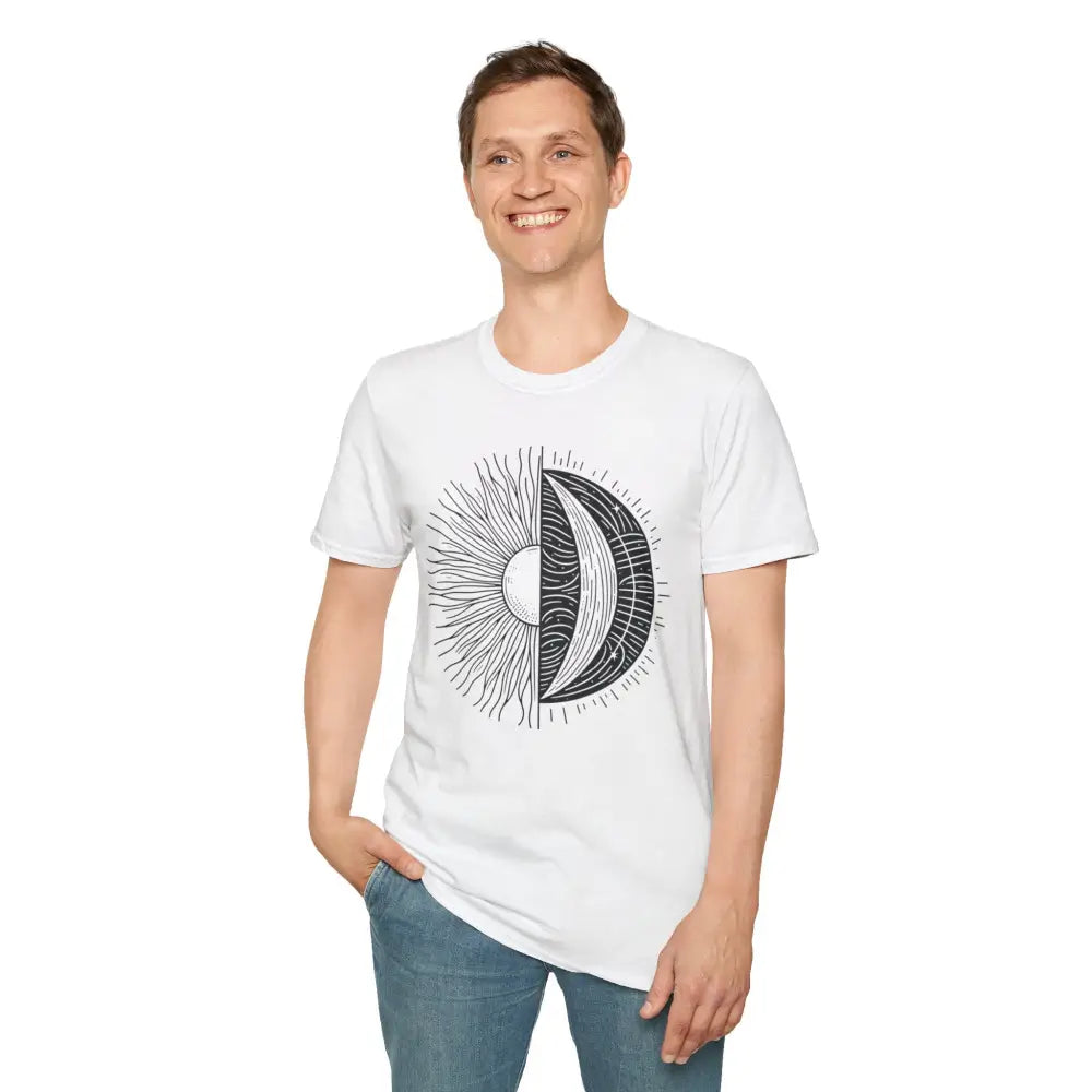 Smiling man wearing Celestial Sun Moon Unisex Softstyle T-Shirt with seamless design and ribbed collar
