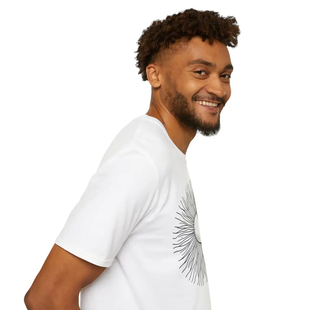 White unisex softstyle t-shirt with a black sun-like graphic and seamless design for astrology lovers