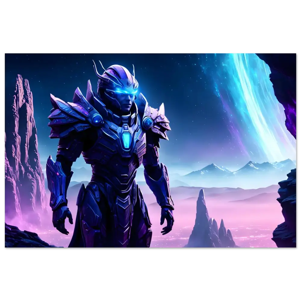 Futuristic armored warrior standing in front of a cosmic nebula for Celestial Vanguard Poster