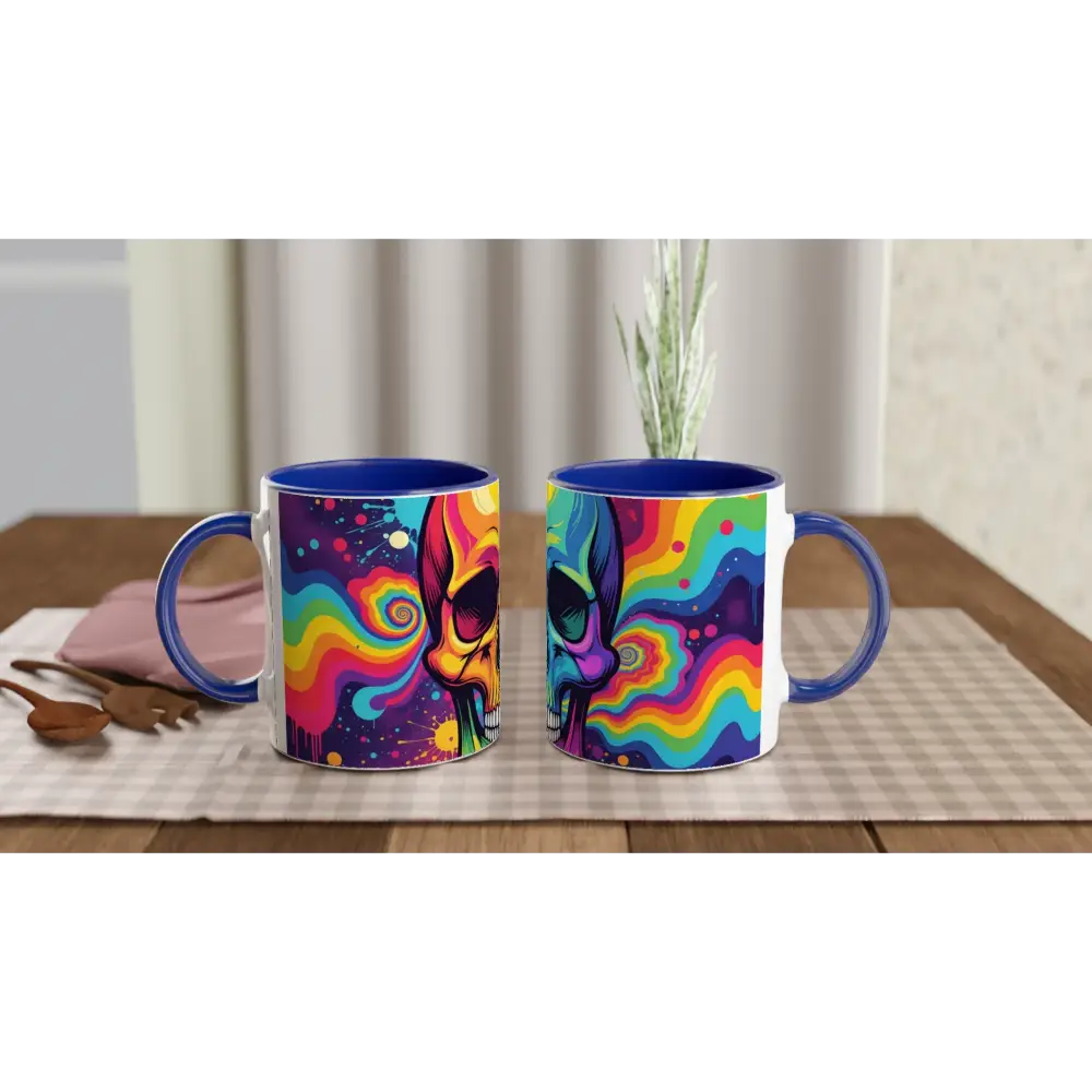 Colorful neon psychedelic skull ceramic mugs with vibrant inside design