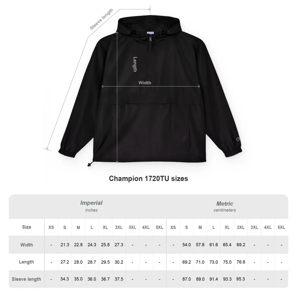 Black Champion Packable Anorak Jacket with size chart featuring Flaming Pumpkin Halloween design