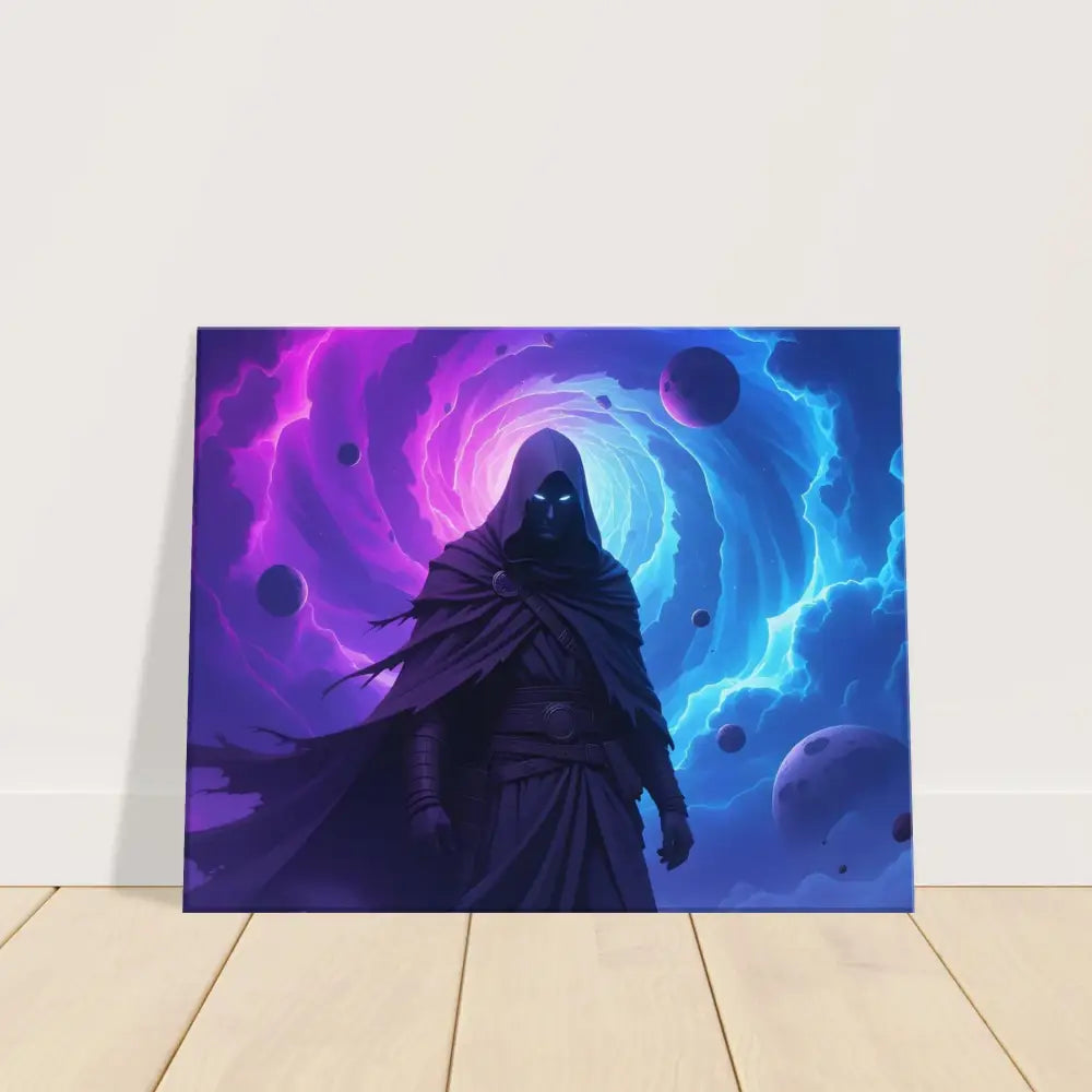 Hooded cosmic figure artwork on canvas titled Cloaked Figure Canvas Voidwalker’s Gate
