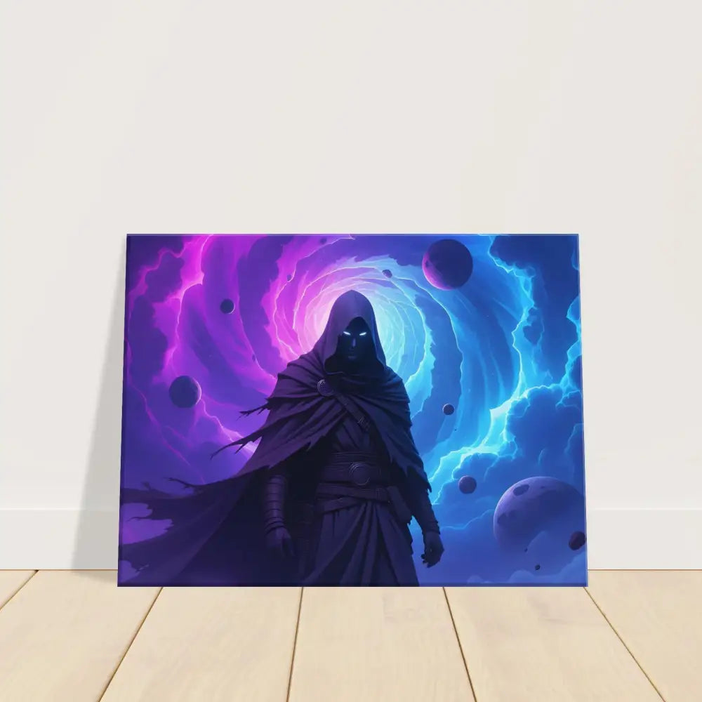 Framed fantasy art print of a cloaked figure titled Voidwalkers Gate at PixiOnyx Gallery Wrap