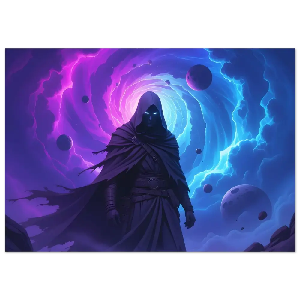Hooded figure amidst swirling cosmic energies in PixiOnyx Cloaked Figure Poster Voidwalkers Gate