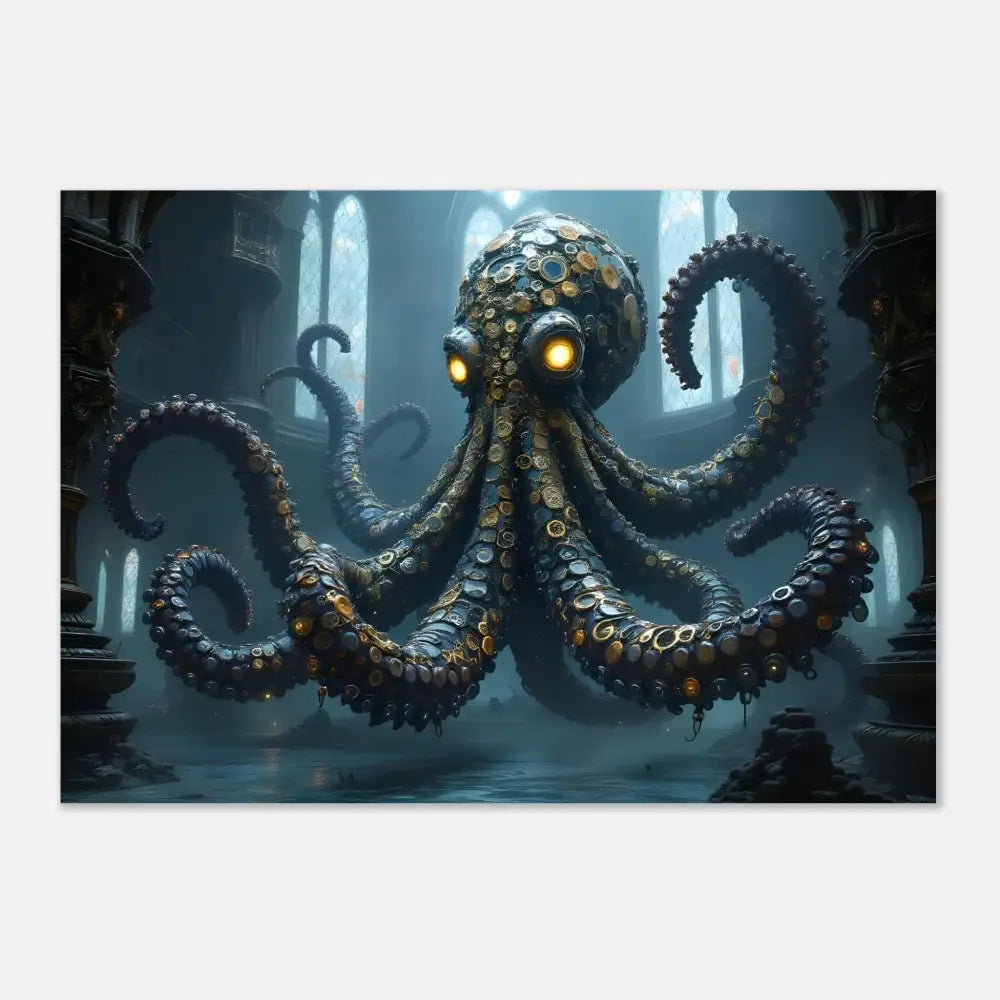 Steampunk-style octopus with glowing eyes on Clocktopus Fine Art Poster by PixiOnyx