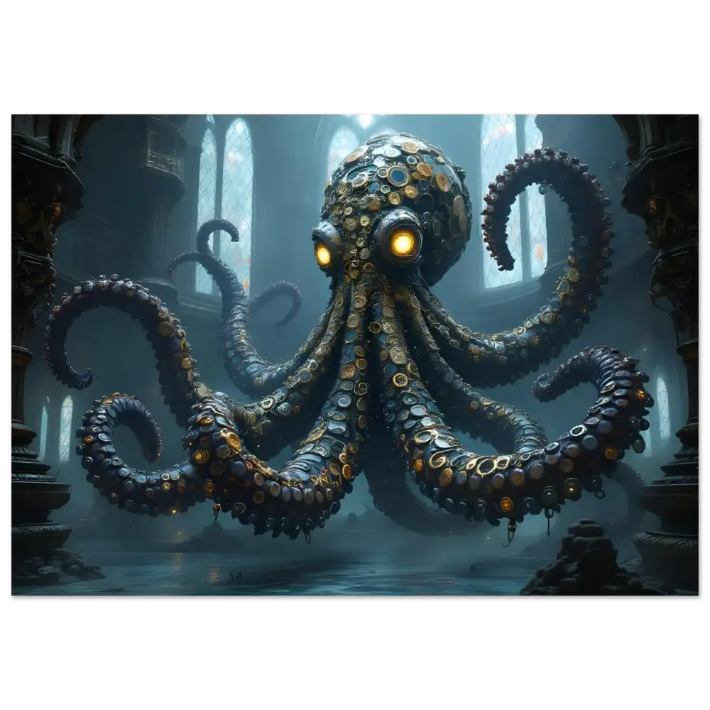 Steampunk-style octopus with glowing eyes on Clocktopus Fine Art Poster by PixiOnyx