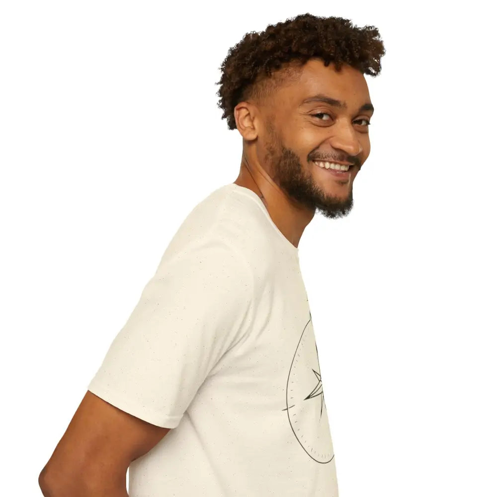 Off-white unisex T-shirt with black compass graphic made from ring-spun cotton for outdoor activities