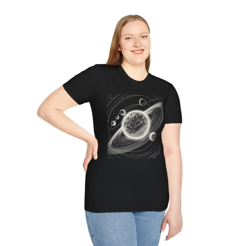 Woman modeling a black unisex softstyle t-shirt with mesmerizing cosmic design and celestial graphic