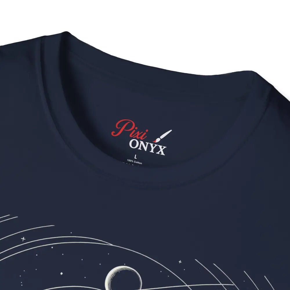 Dark blue crewneck unisex softstyle T-shirt featuring mesmerizing cosmic design and reduced fabric waste
