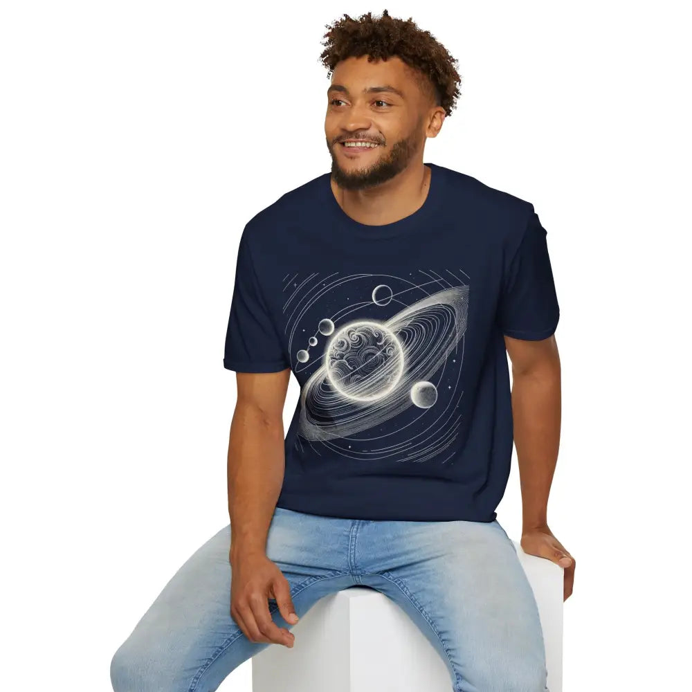 Dark blue unisex softstyle t-shirt with mesmerizing cosmic design of planets and moons