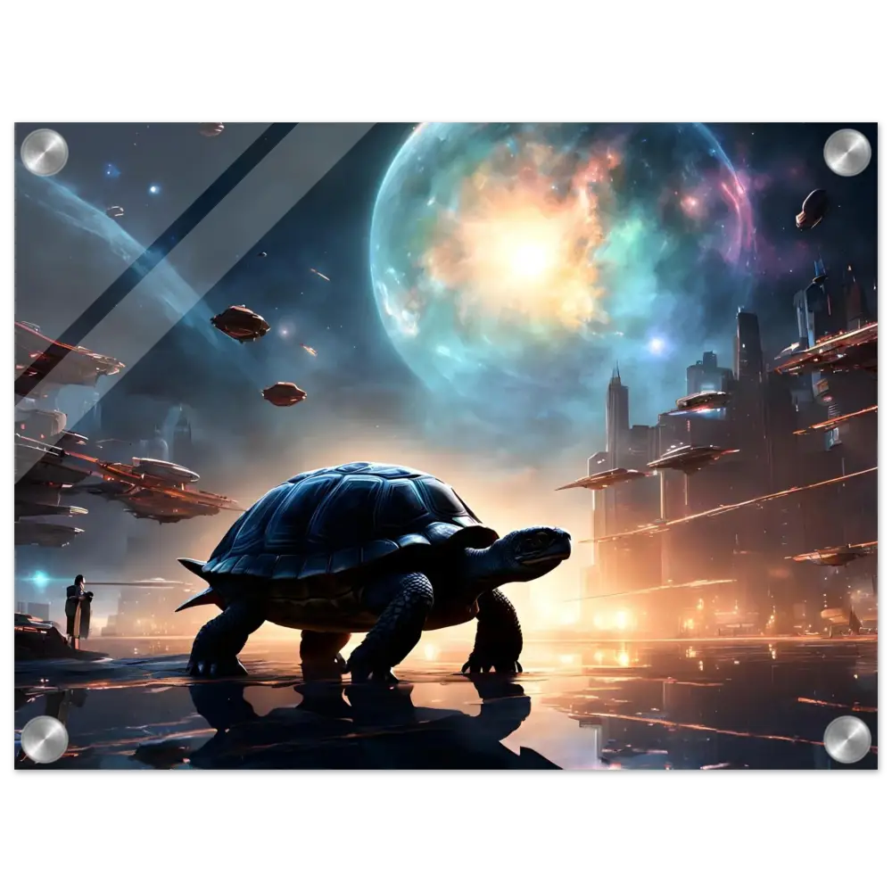 Futuristic turtle art displayed on Cosmic Voyager Acrylic Print Tranquil Expansion by PixiOnyx