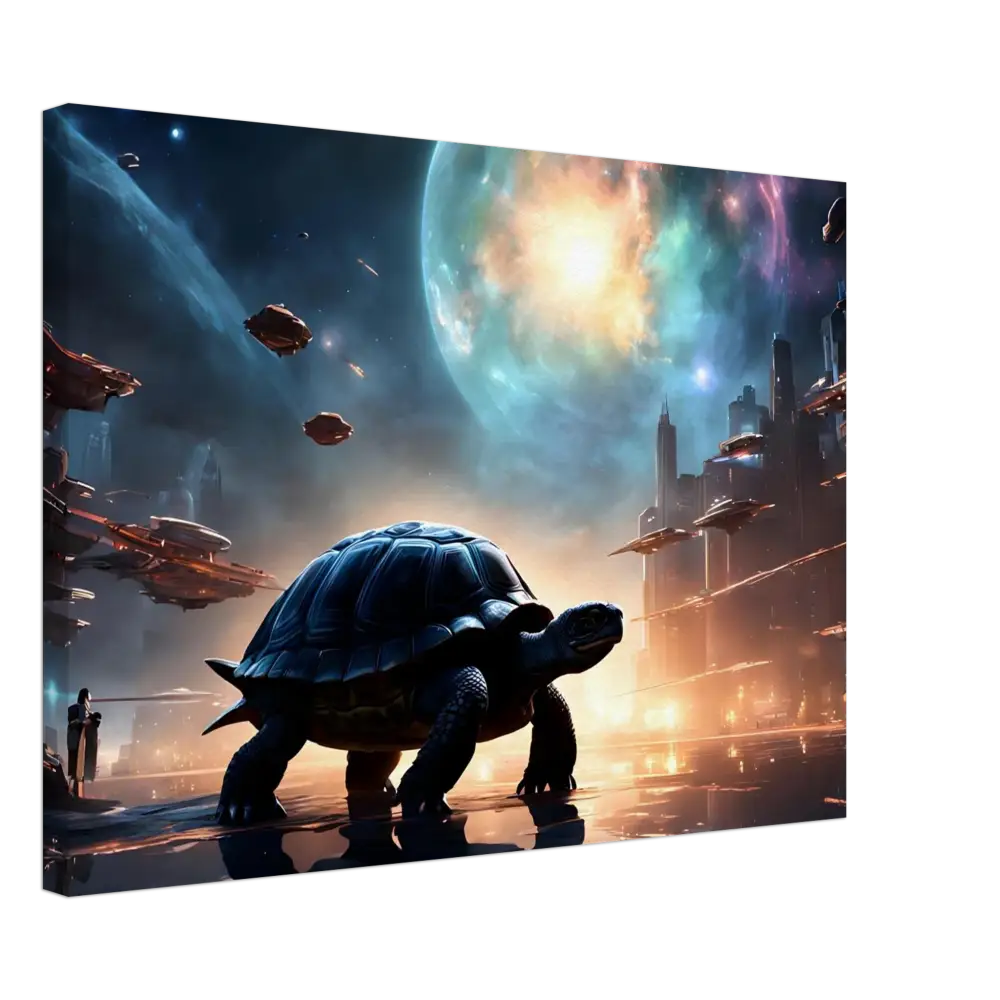 Futuristic turtle in a cityscape on Cosmic Voyager Canvas Dreamcore Wall Art