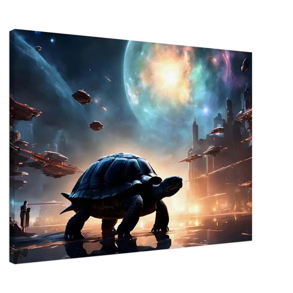 Futuristic turtle cityscape displayed on Cosmic Voyager Canvas by PixiOnyx Dreamcore Wall Art