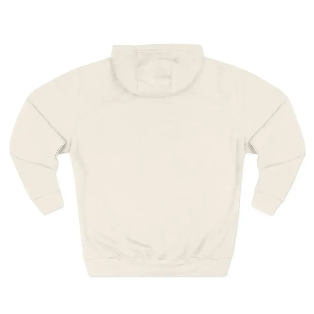 Cream-colored unisex hoodie with adjustable hood, long sleeves, ribbed cuffs, low heat care