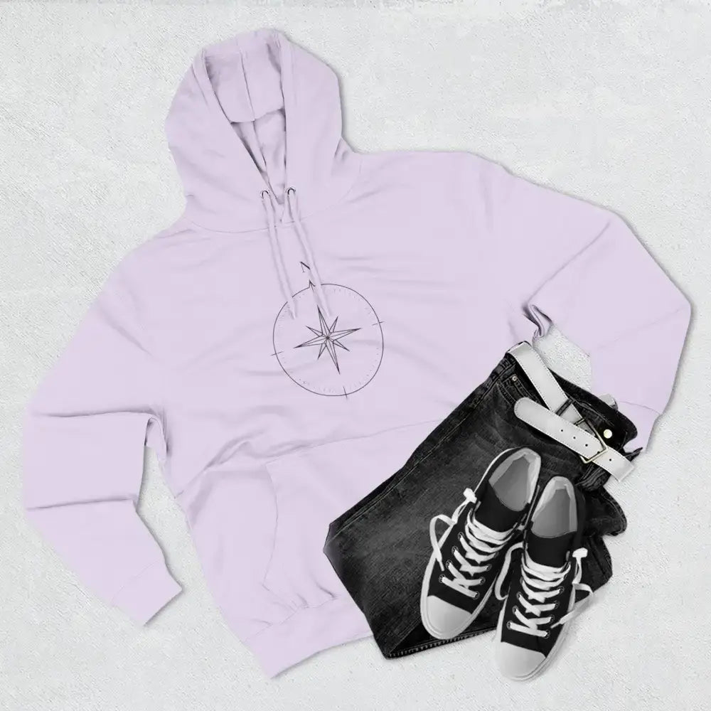 Light purple Cozy Compass unisex hoodie with compass rose graphic, adjustable hood, low heat care
