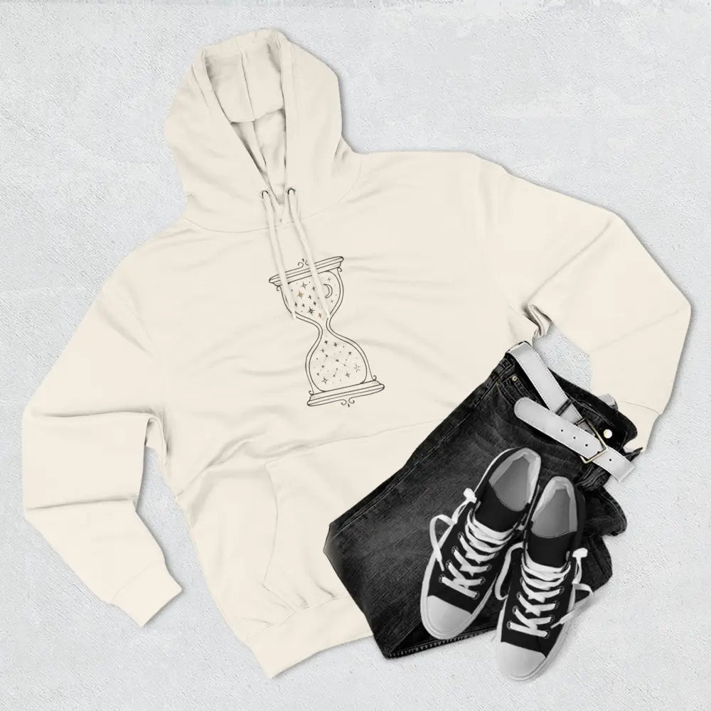 Cream-colored fleece hoodie with hourglass graphic, ideal for all seasons and easy care