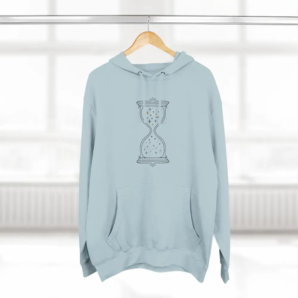 Light blue fleece hoodie with hourglass design, perfect for all seasons and easy care