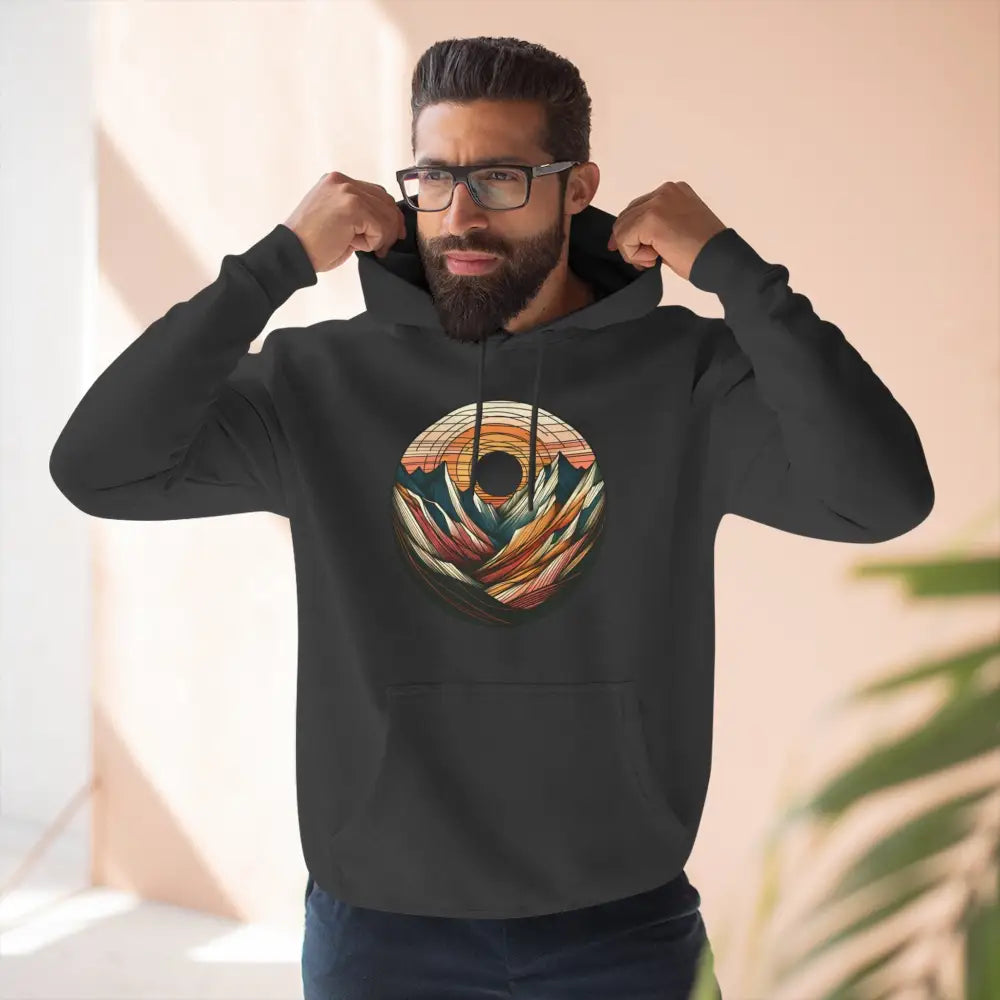 Dark gray three-panel fleece hoodie with colorful mountain sunset graphic and kangaroo pouch pocket