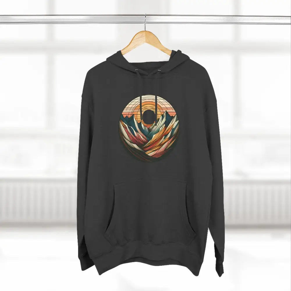 Dark grey three-panel fleece hoodie with mountain sunset graphic and kangaroo pouch pocket