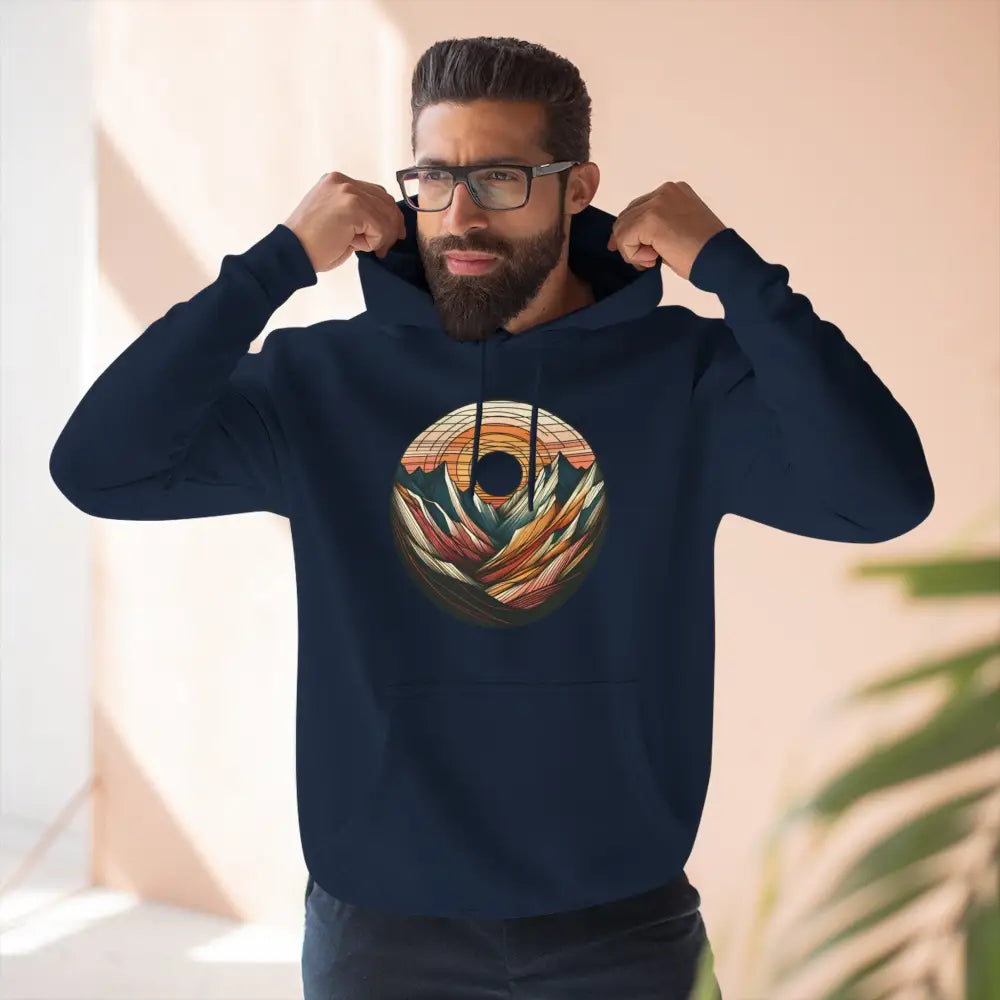 Dark blue three-panel fleece hoodie with mountain sunset graphic and kangaroo pouch pocket