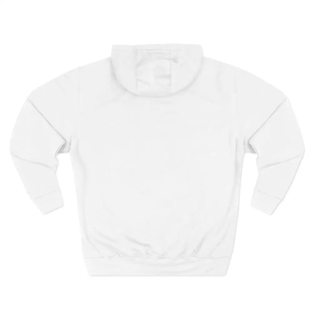 White three-panel fleece hoodie with kangaroo pouch pocket and drawstring hood for outdoor adventures