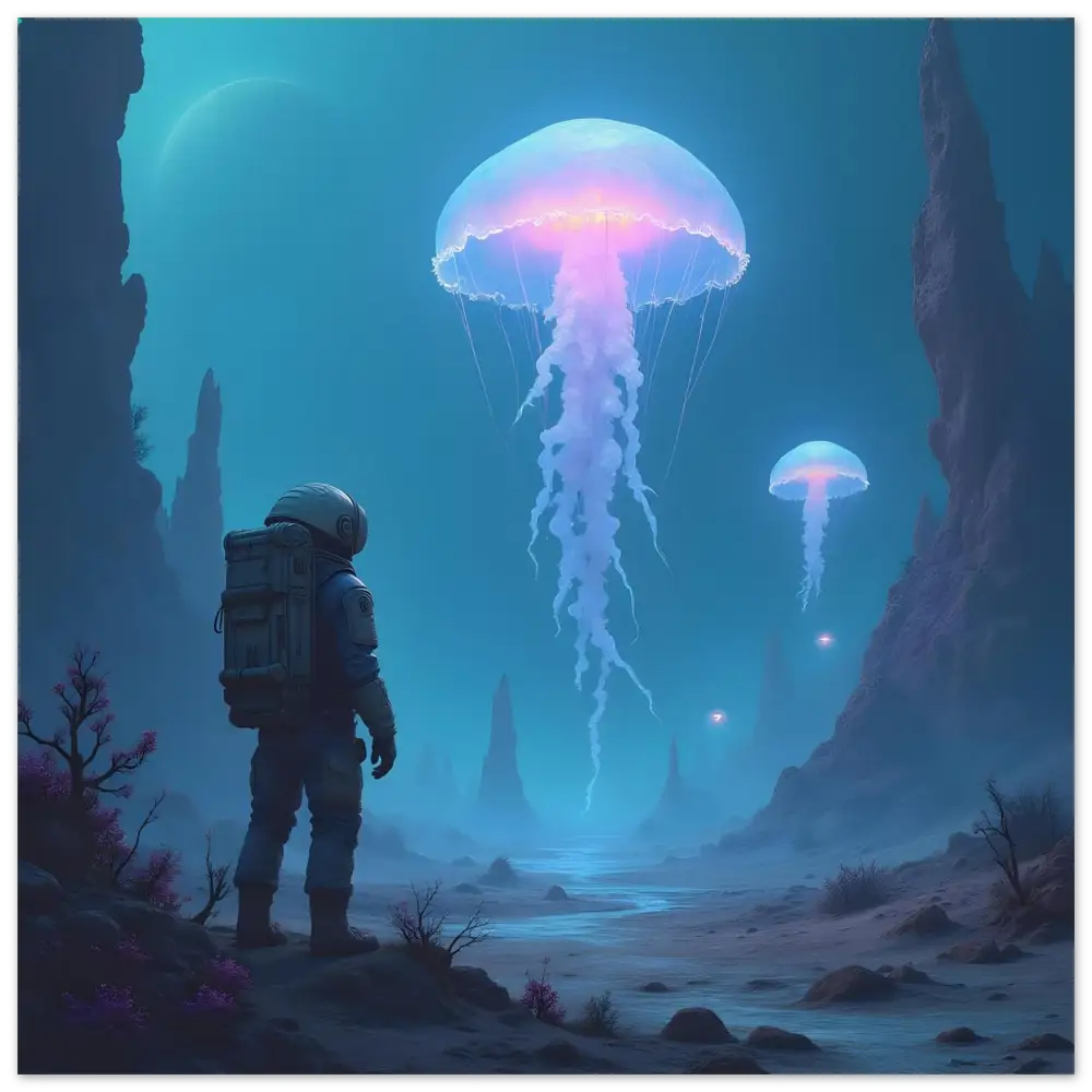 Astronaut gazing at glowing bioluminescent jellyfish on Deep Drift Encounter art poster