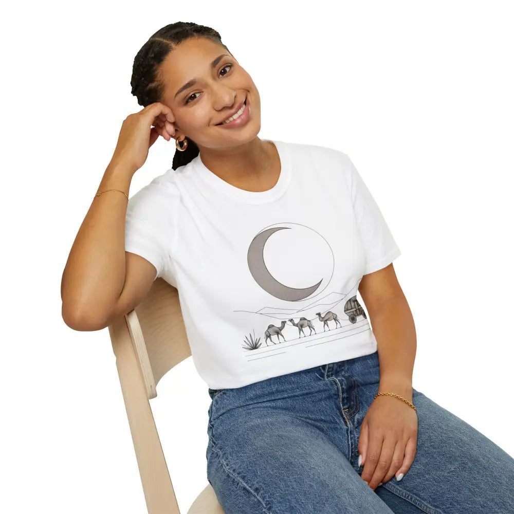 Woman wearing a white unisex softstyle t-shirt with ribbed knit collar and shoulder tape stabilizes