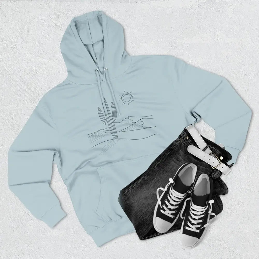 Light blue desert landscape graphic on three-panel fleece hoodie with spacious kangaroo pocket