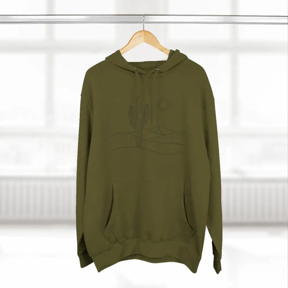 Olive green desert scene unisex hoodie with spacious kangaroo pocket, three-panel fleece, lane seven ls14001