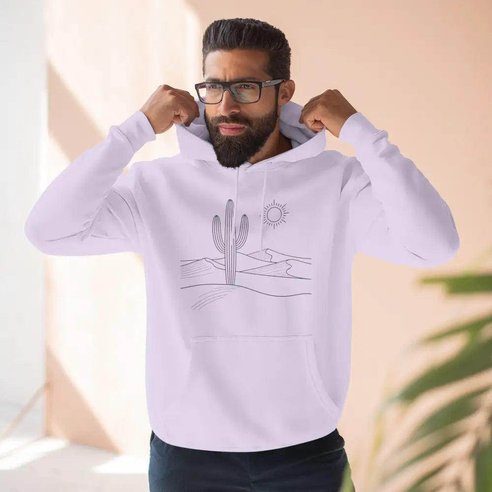 White hooded sweatshirt with desert scene graphic, three-panel fleece hoodie, spacious kangaroo pocket, lane seven ls14001