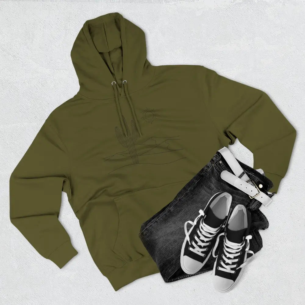 Olive green three-panel fleece hoodie with drawstrings and spacious kangaroo pocket, lane seven ls14001