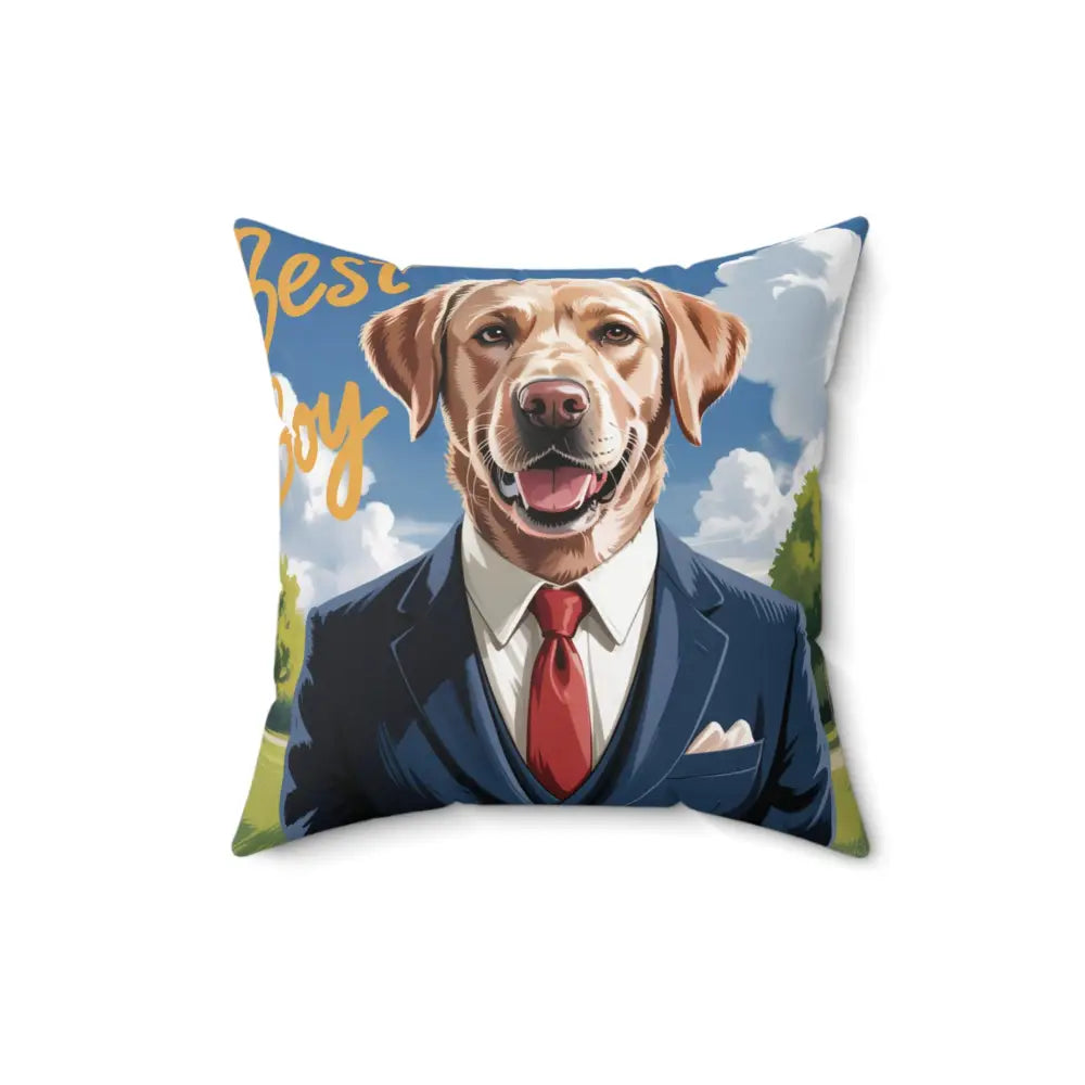 Decorative pillow cover featuring a golden retriever in a suit for home decor and gift ideas