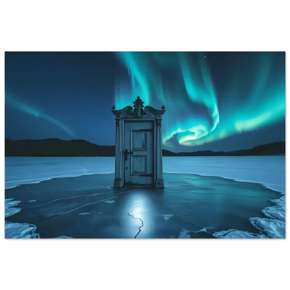 Ornate door on a frozen lake displayed on Dooraura Metal Print The Threshold Beneath Lights PixiOnyx Glossed Aurora