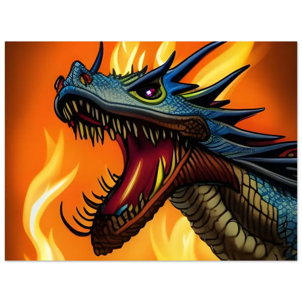 Fearsome blue dragon with fiery breath displayed on Dragon’s Fury framed fantasy poster