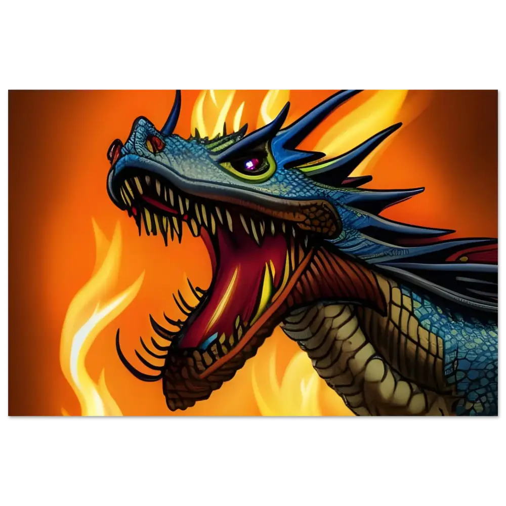 Blue dragon with fiery breath on Dragon’s Fury – Framed Fantasy Poster from PixiOnyx
