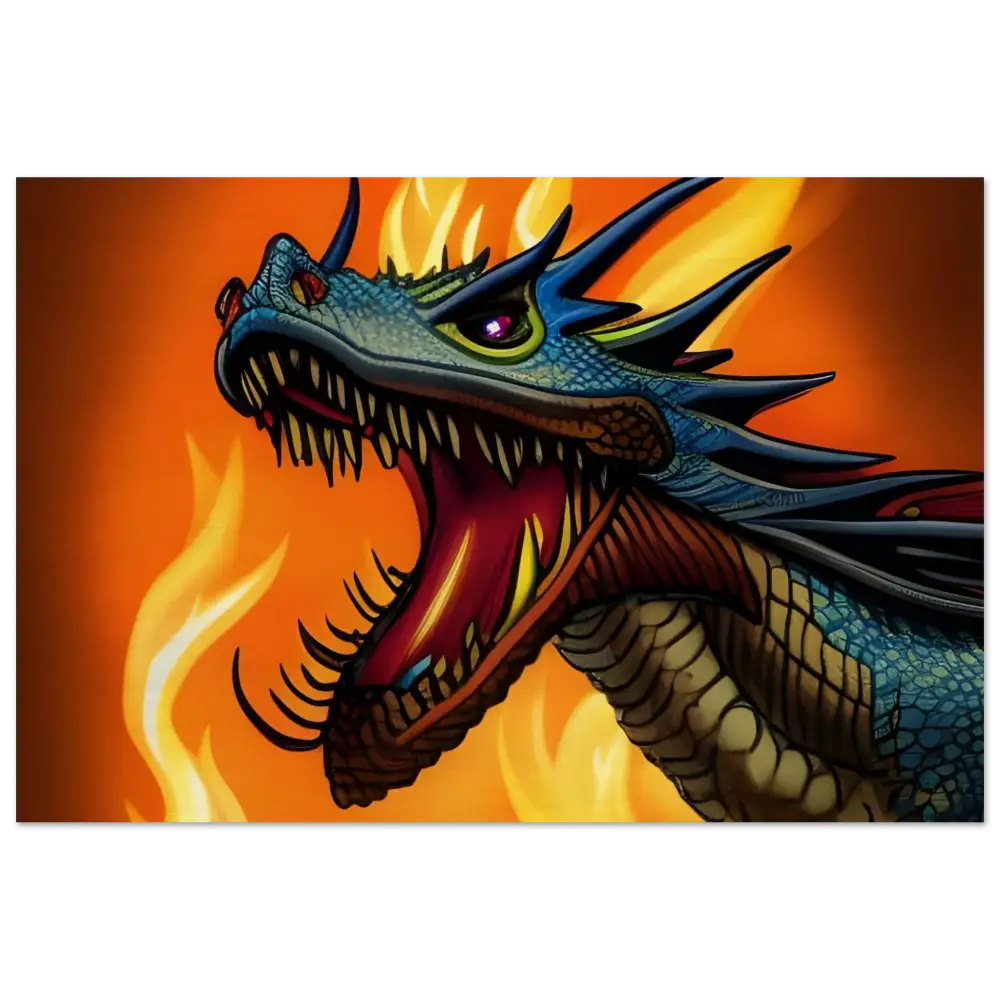 Fearsome blue dragon with fiery breath on Dragon’s Fury Wood Panel Wall Art by PixiOnyx
