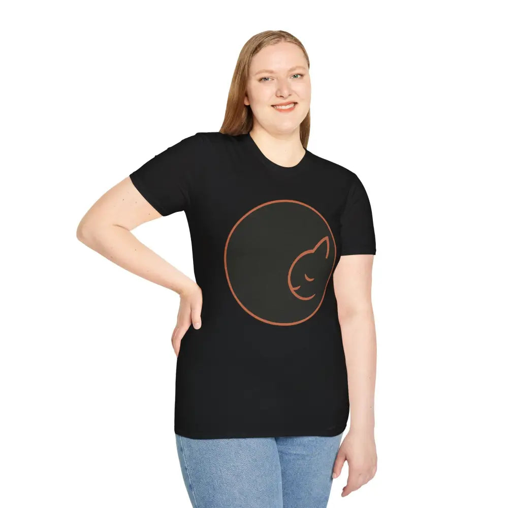 Woman in black t-shirt with sleeping cat design made of ring-spun cotton for cat lovers