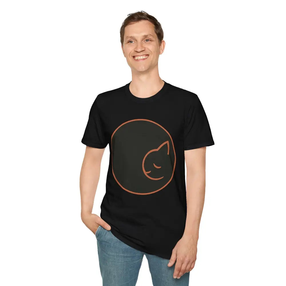 Man in black ring-spun cotton T-shirt with sleepy cat design for cat lovers