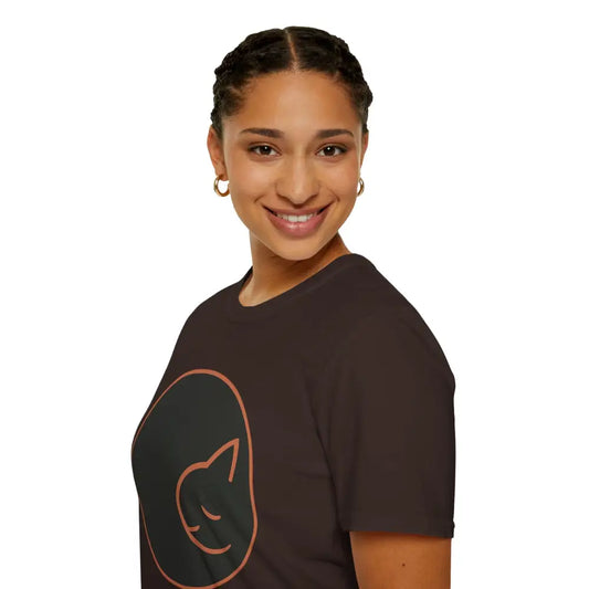 Dark brown ring-spun cotton T-shirt with stylized cat design for cat lovers and casual wear