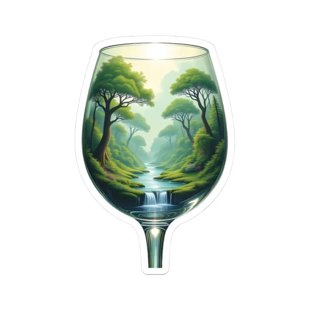 Wine glass with lush forest scene, flowing river, waterfall – EcoStemmed Serenity Sticker